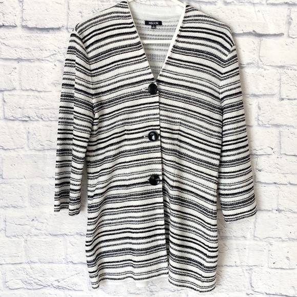 Misook black white striped button front cardigan jacket - Picture 1 of 6